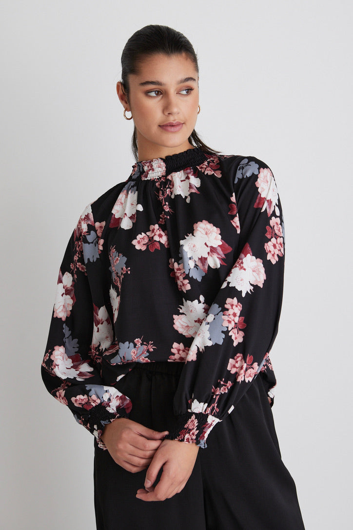 Embrace Pink Vintage Floral Shirred Neck Top