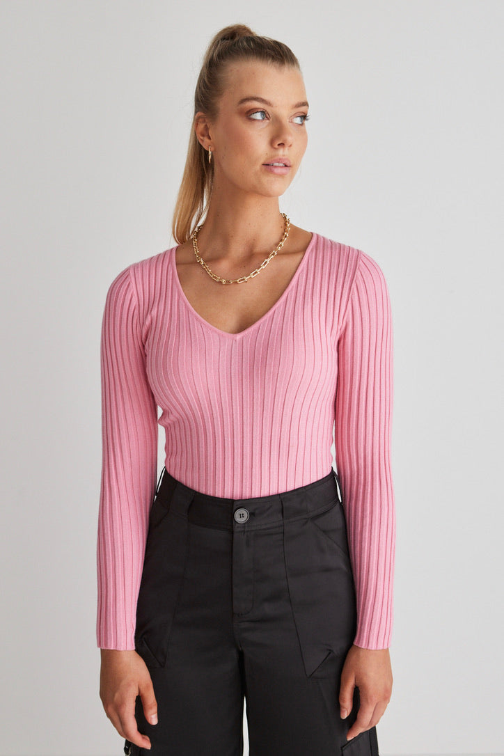 Desire Bubblegum Ls V Wide Rib Knit Top