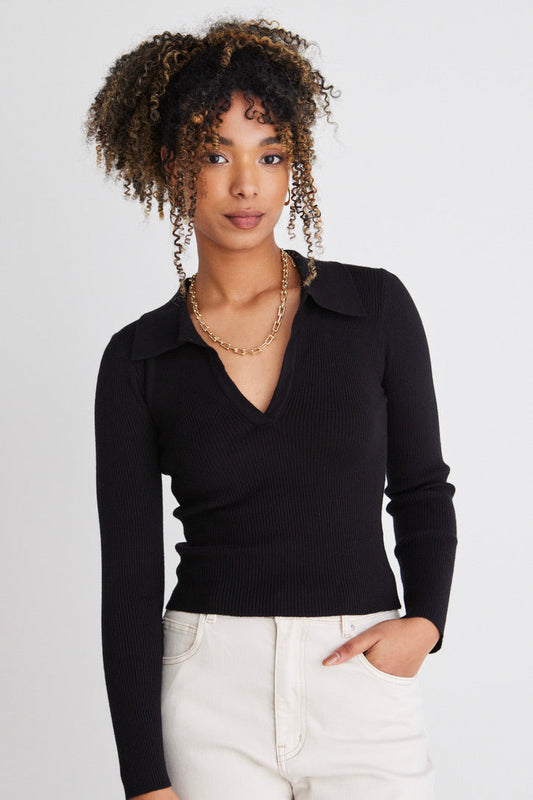 Unreal Black LS Collared Rib Knit Top