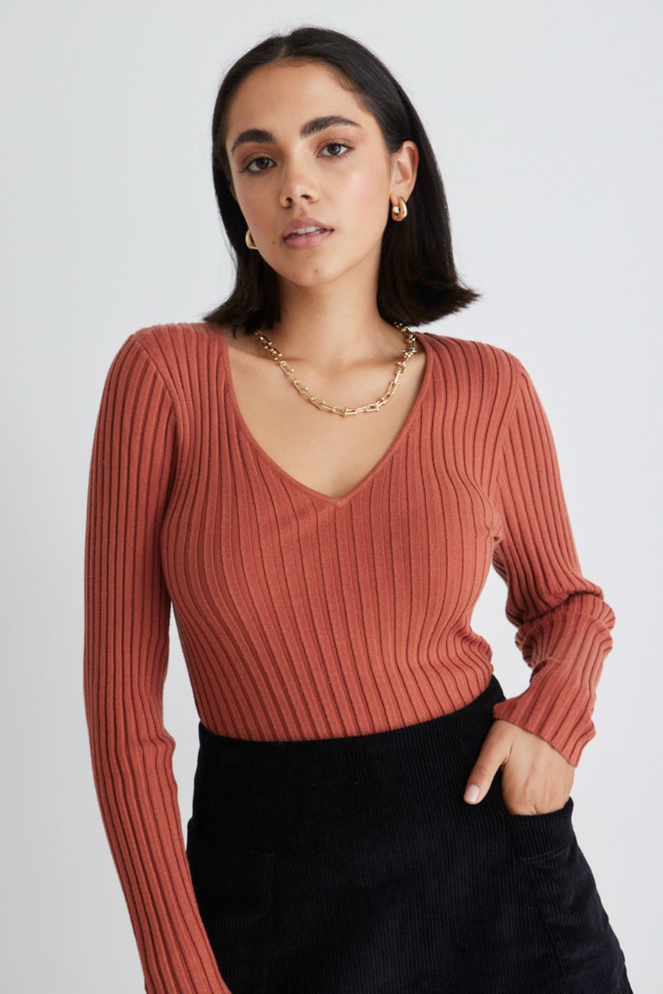 Desire Terracotta LS V Wide Rib Knit Top