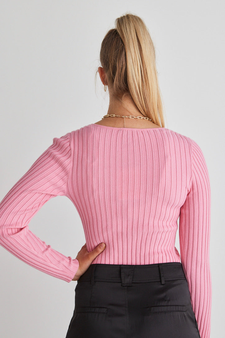 Desire Bubblegum Ls V Wide Rib Knit Top