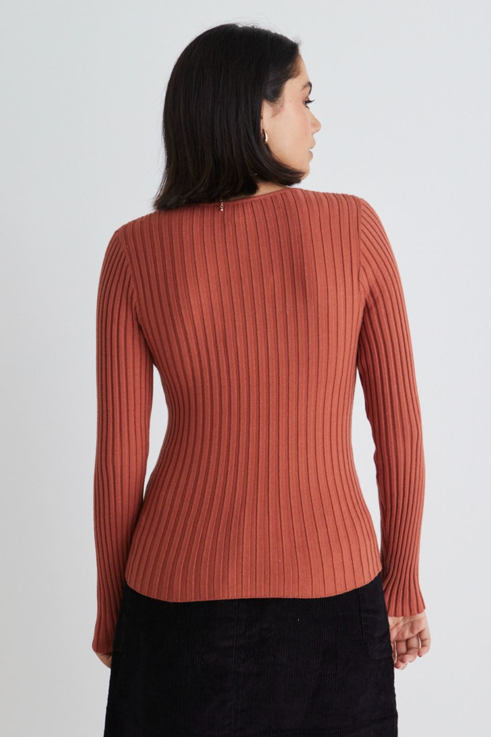 Desire Terracotta LS V Wide Rib Knit Top