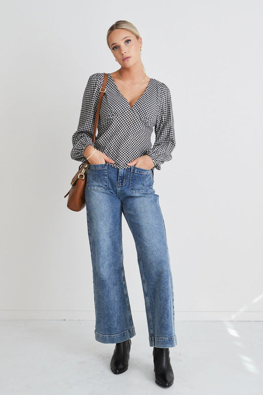 Bailey Black Gingham Bias Balloon Sleeve Top