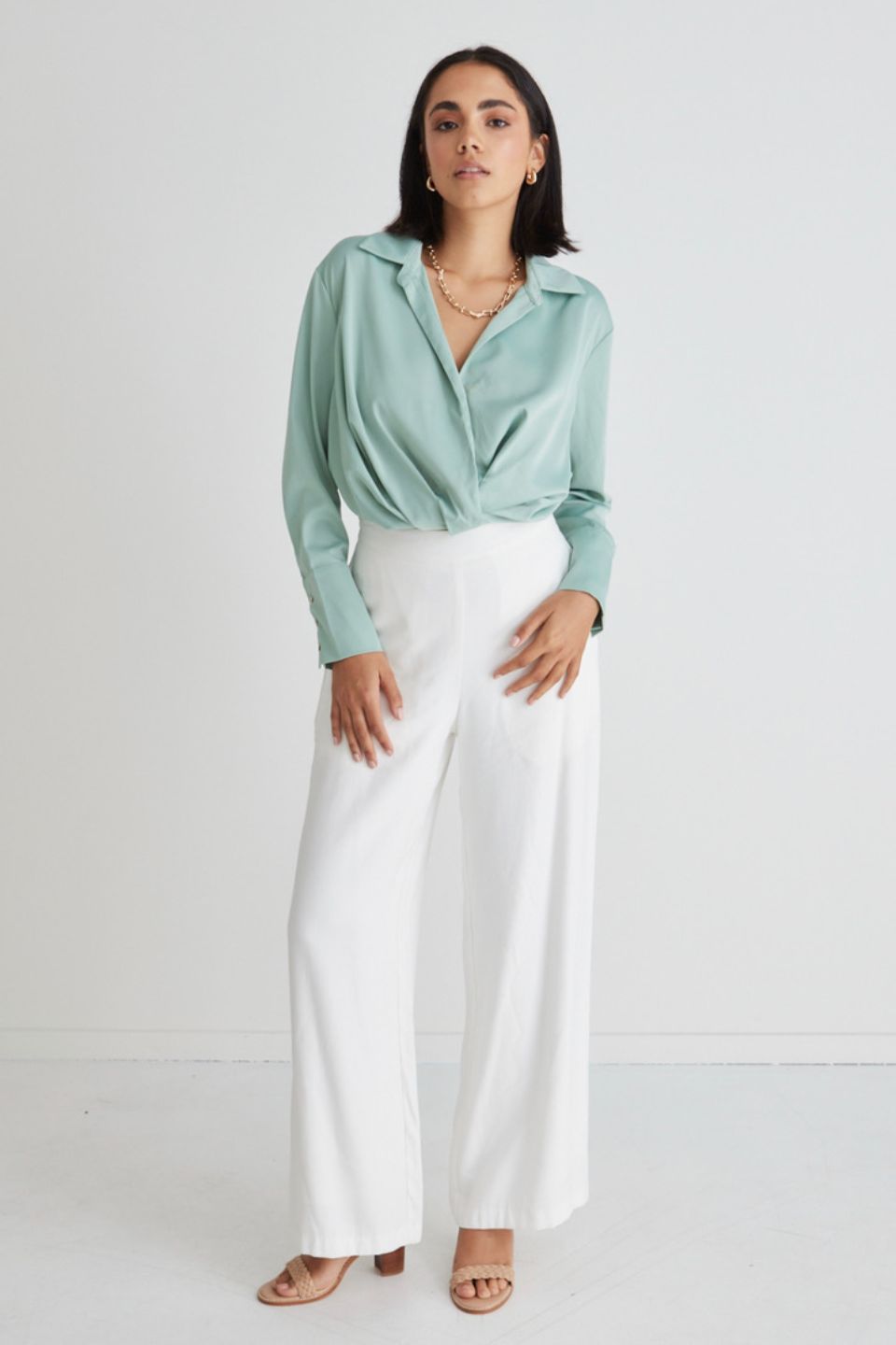 Amalfi Sage Satin Wrap Shirt