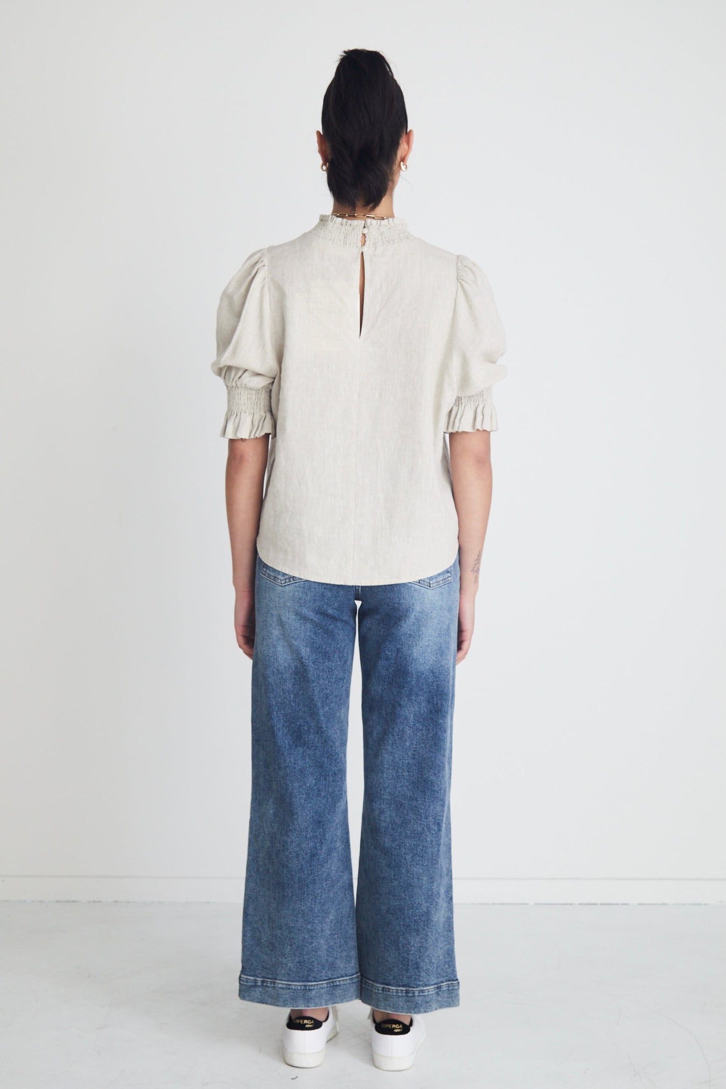 Affection Natural Linen Shirred Neck Ss Top