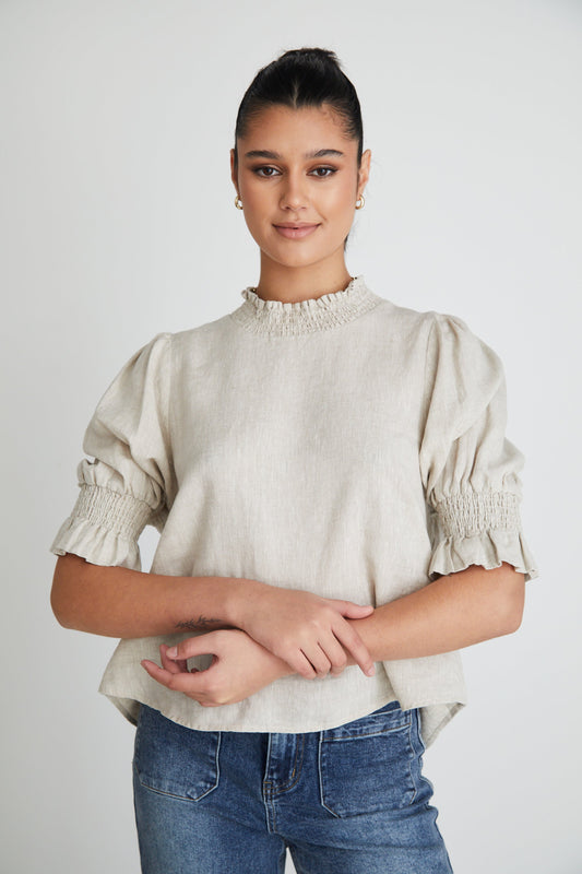 Affection Natural Linen Shirred Neck Ss Top