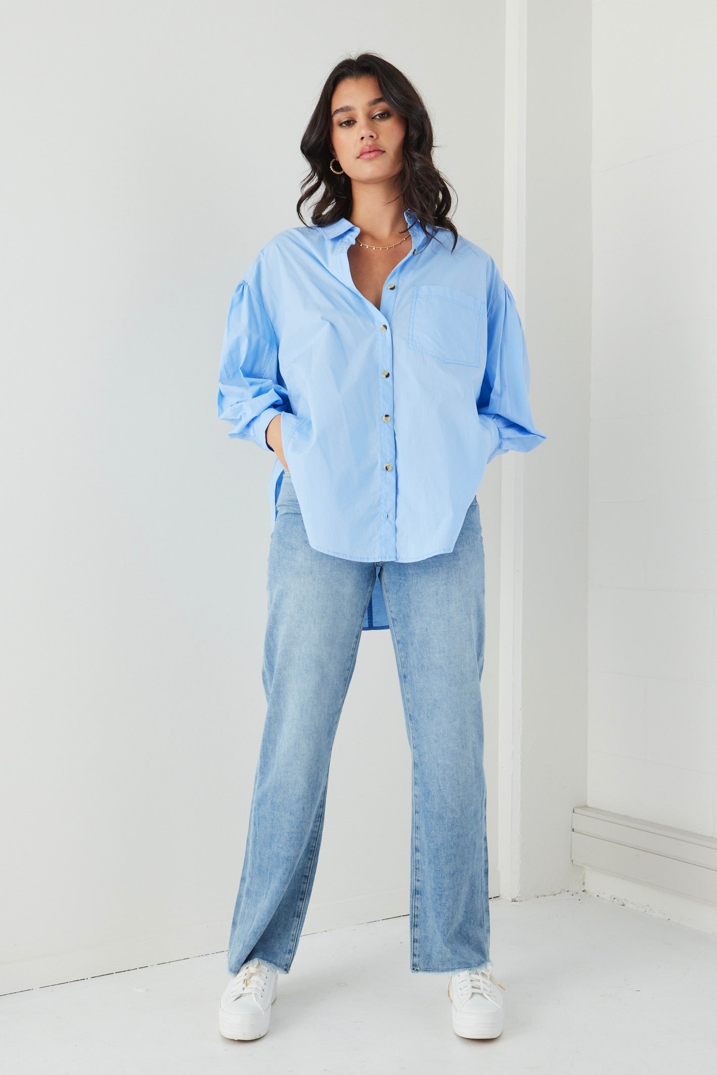 Breezy French Blue Poplin Drop Shoulder Shirt