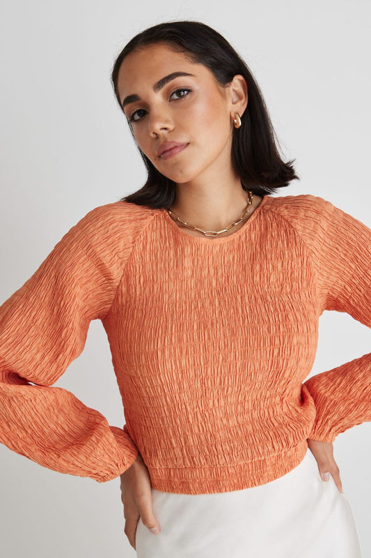 Carly Apricot Shirred LS Crop Top