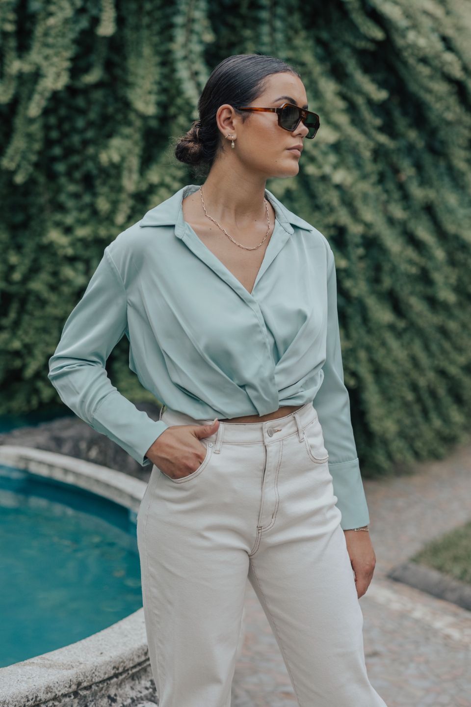 Amalfi Sage Satin Wrap Shirt