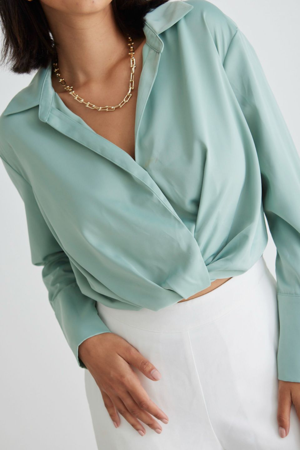 Amalfi Sage Satin Wrap Shirt